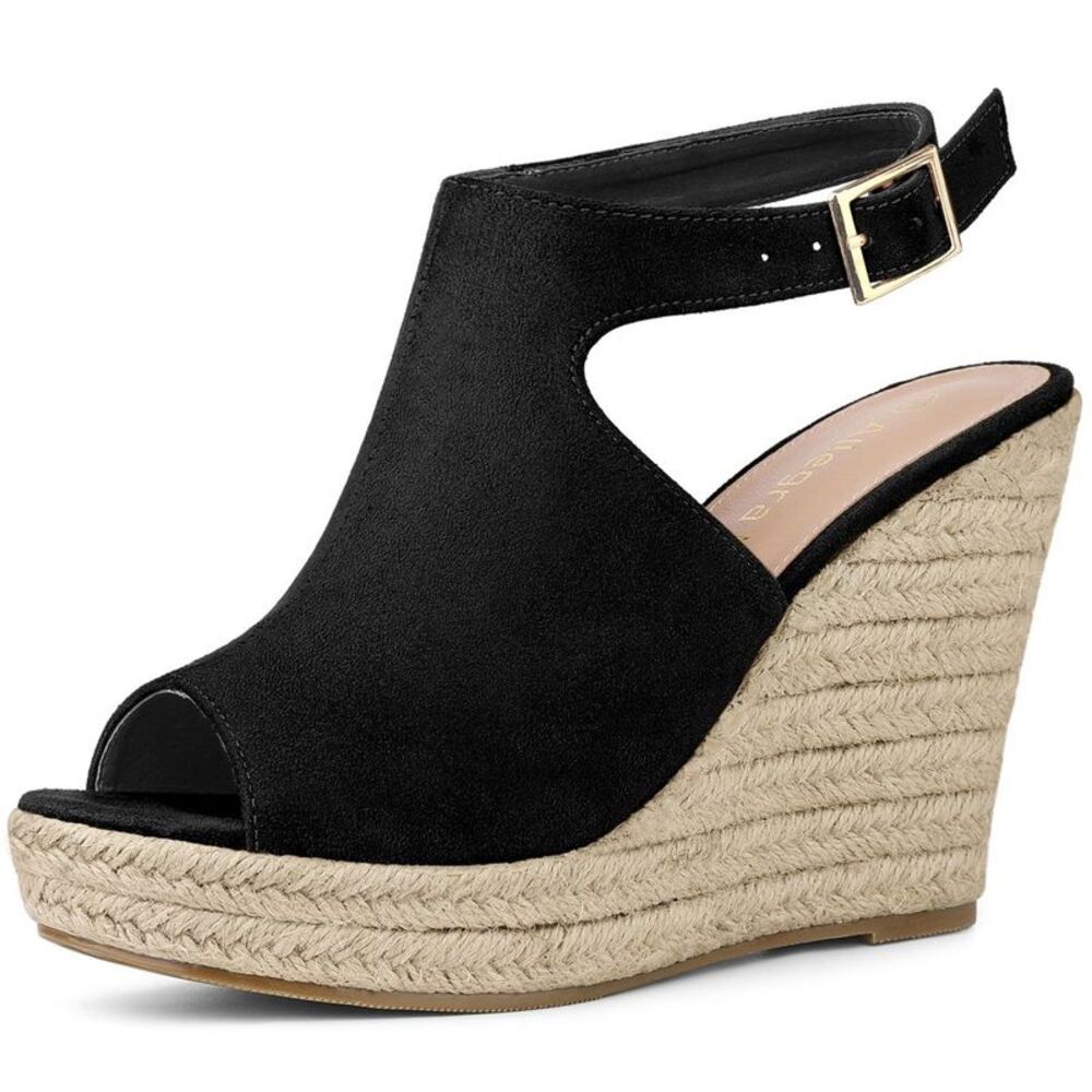 Women's Slingback Peep Toe Espadrilles Platform Wedge Heels Sandals Black 7